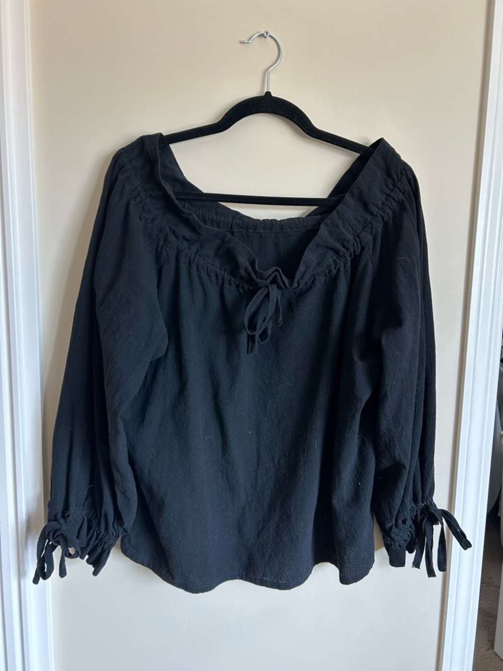 Black Tie-Neck Smocked Peasant Top